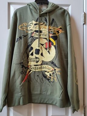 Ed Hardy Men's Olive Green Graphic Scull Hoodie Pullover size L NWT
